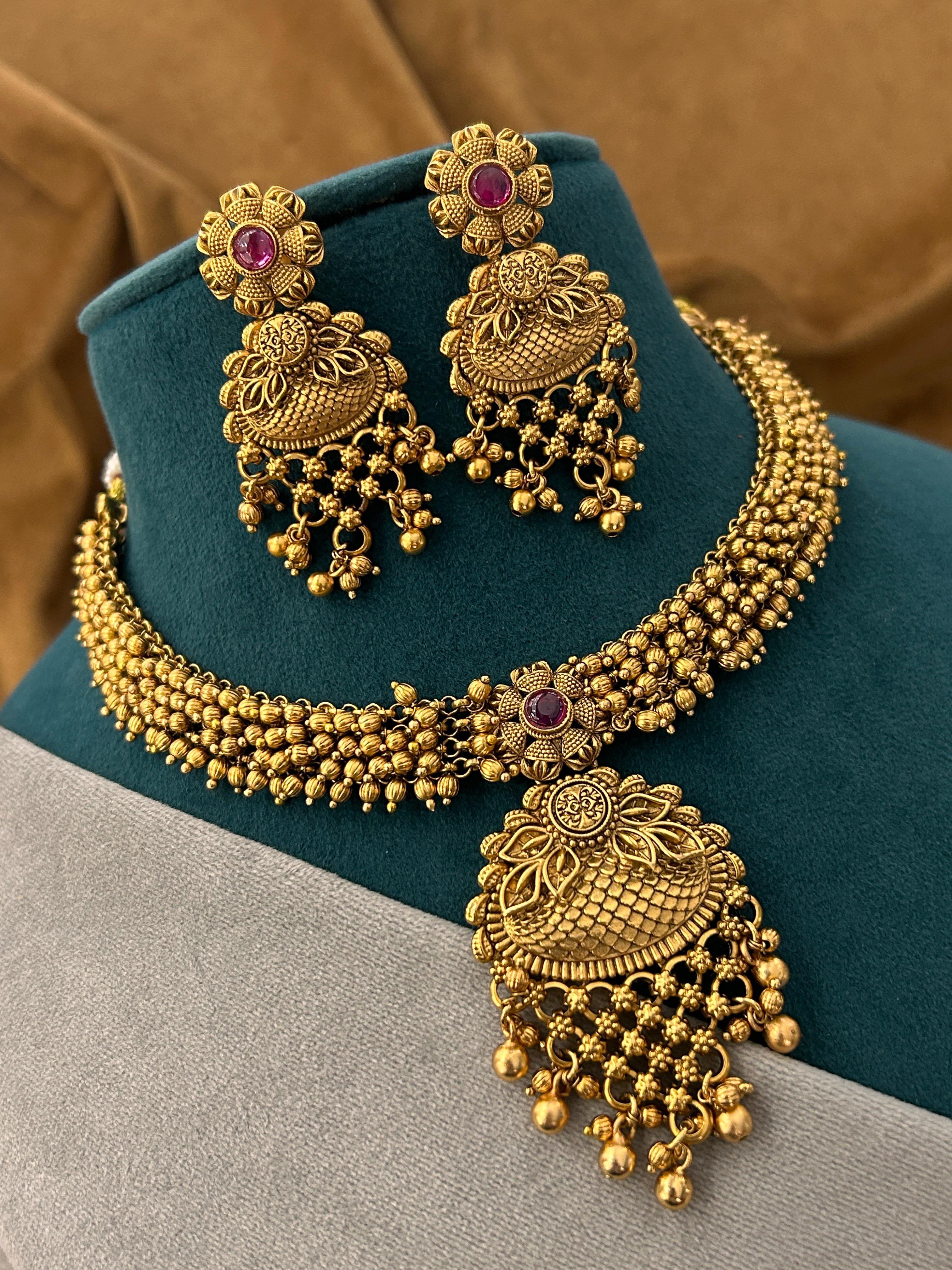 Antique Gold Guttapusalu Choker Necklace Set with Bold Pendant